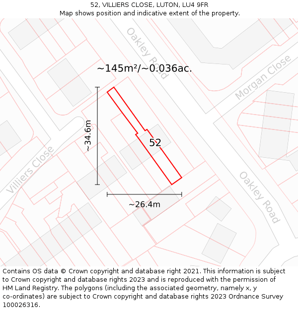 52, VILLIERS CLOSE, LUTON, LU4 9FR: Plot and title map