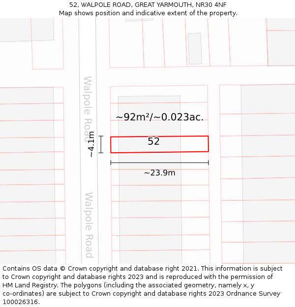 52, WALPOLE ROAD, GREAT YARMOUTH, NR30 4NF: Plot and title map
