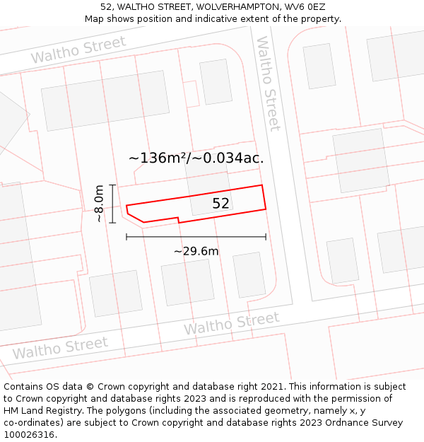 52, WALTHO STREET, WOLVERHAMPTON, WV6 0EZ: Plot and title map