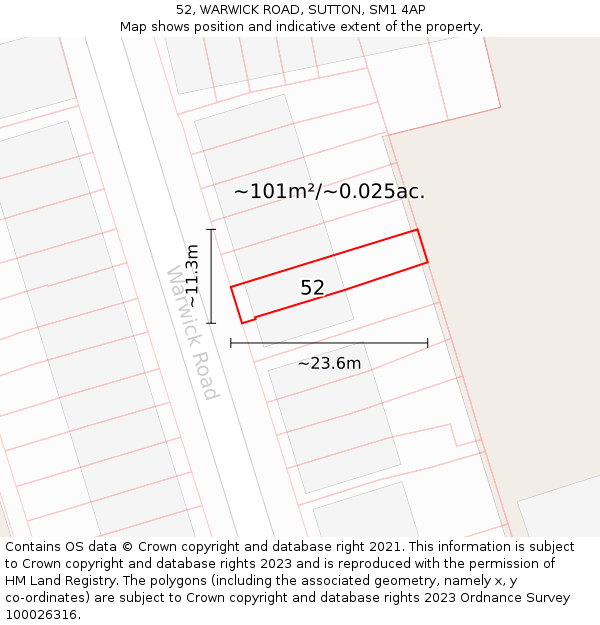 52, WARWICK ROAD, SUTTON, SM1 4AP: Plot and title map