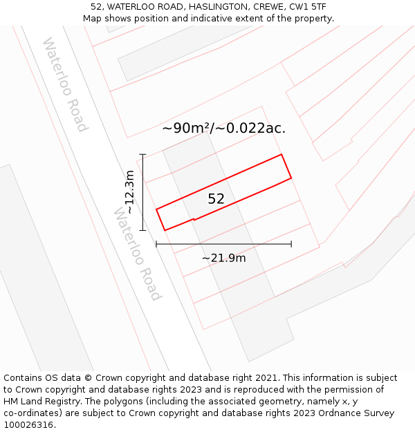 52, WATERLOO ROAD, HASLINGTON, CREWE, CW1 5TF: Plot and title map