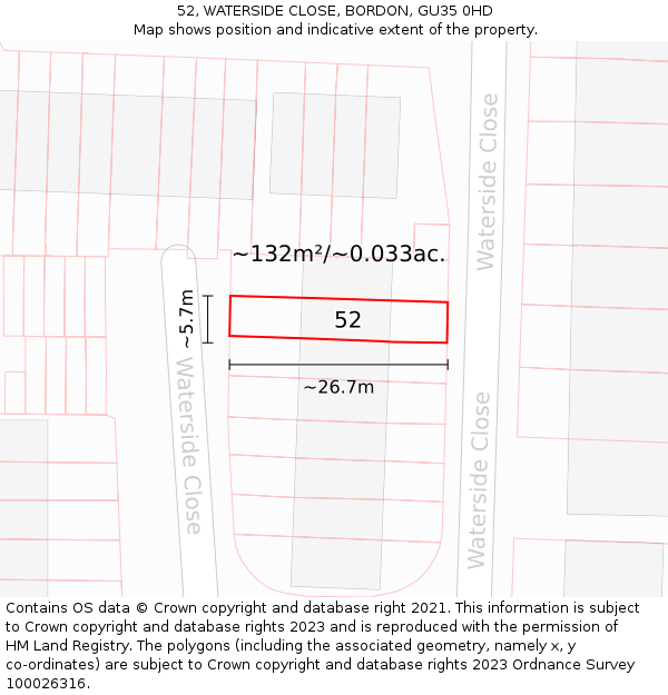 52, WATERSIDE CLOSE, BORDON, GU35 0HD: Plot and title map