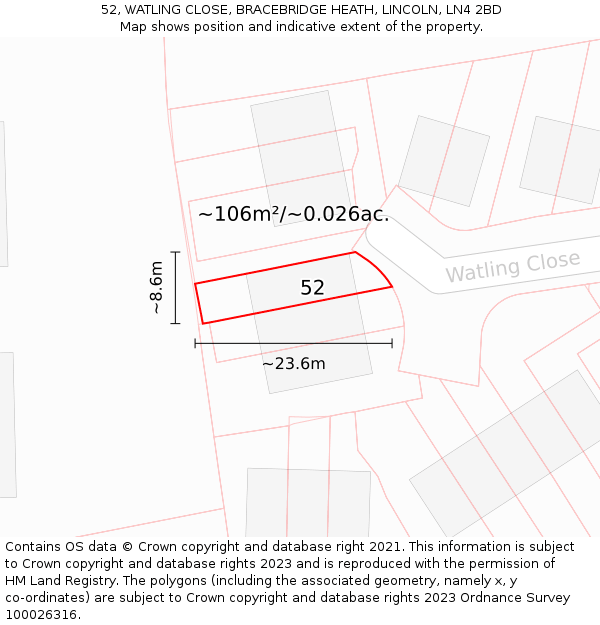 52, WATLING CLOSE, BRACEBRIDGE HEATH, LINCOLN, LN4 2BD: Plot and title map