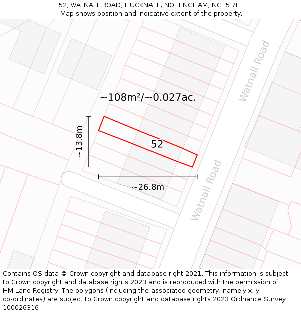 52, WATNALL ROAD, HUCKNALL, NOTTINGHAM, NG15 7LE: Plot and title map
