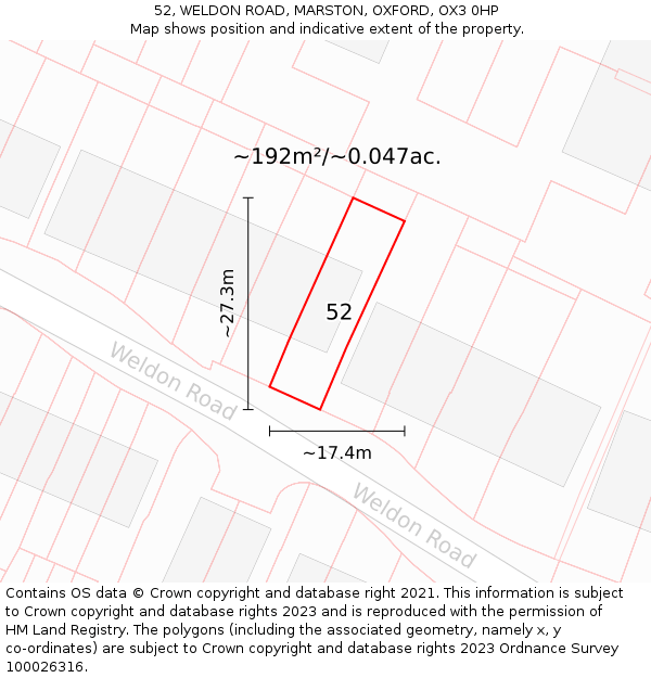 52, WELDON ROAD, MARSTON, OXFORD, OX3 0HP: Plot and title map