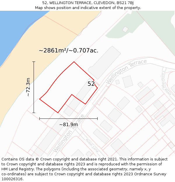 52, WELLINGTON TERRACE, CLEVEDON, BS21 7BJ: Plot and title map