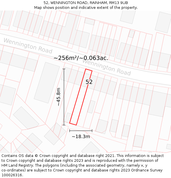 52, WENNINGTON ROAD, RAINHAM, RM13 9UB: Plot and title map