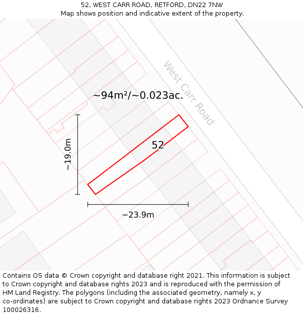 52, WEST CARR ROAD, RETFORD, DN22 7NW: Plot and title map