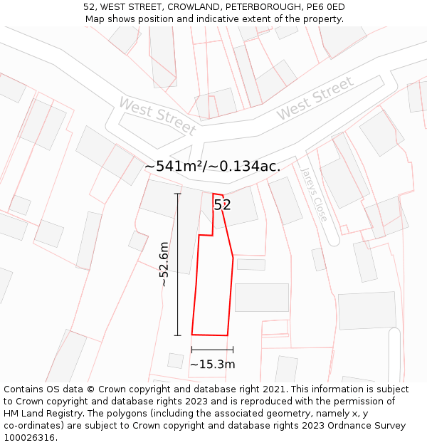 52, WEST STREET, CROWLAND, PETERBOROUGH, PE6 0ED: Plot and title map