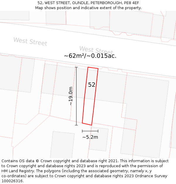 52, WEST STREET, OUNDLE, PETERBOROUGH, PE8 4EF: Plot and title map