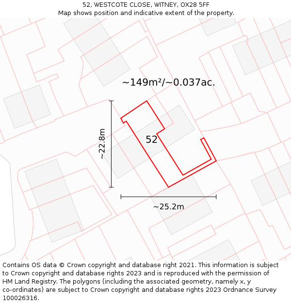 52, WESTCOTE CLOSE, WITNEY, OX28 5FF: Plot and title map