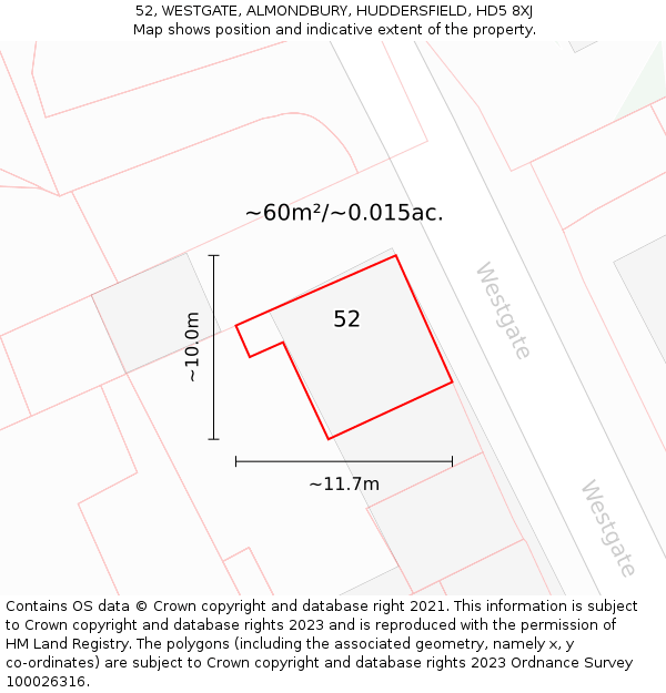 52, WESTGATE, ALMONDBURY, HUDDERSFIELD, HD5 8XJ: Plot and title map