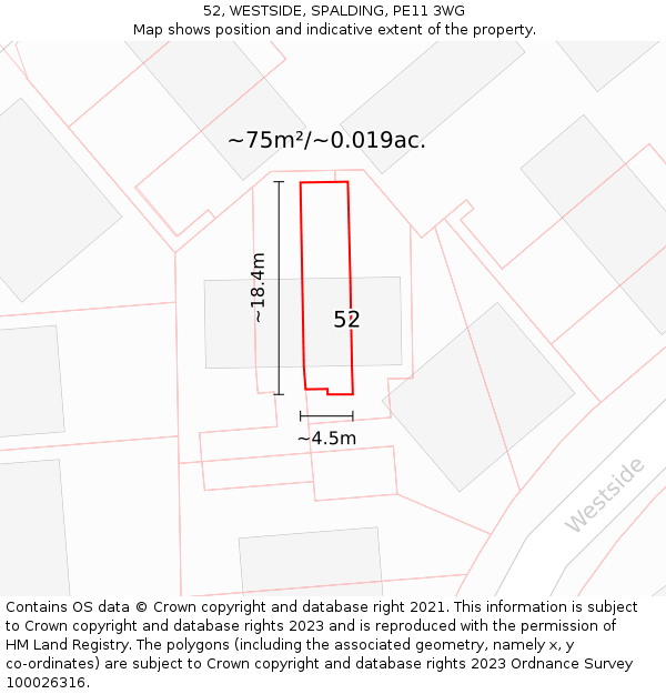 52, WESTSIDE, SPALDING, PE11 3WG: Plot and title map