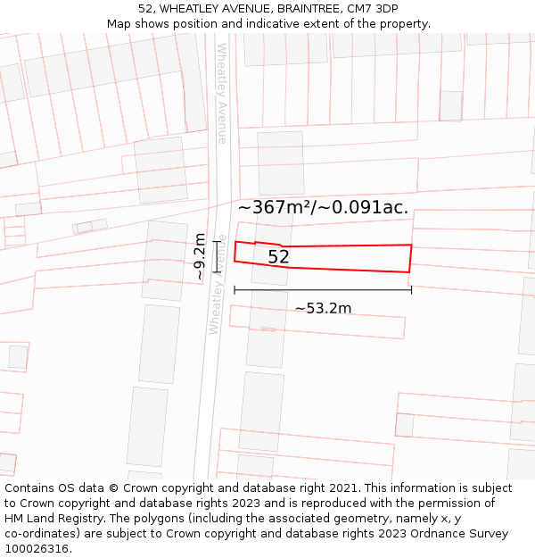 52, WHEATLEY AVENUE, BRAINTREE, CM7 3DP: Plot and title map