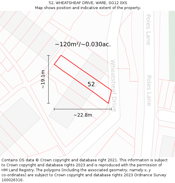 52, WHEATSHEAF DRIVE, WARE, SG12 0XS: Plot and title map