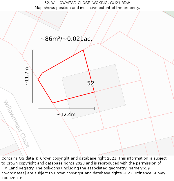52, WILLOWMEAD CLOSE, WOKING, GU21 3DW: Plot and title map