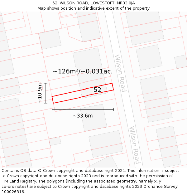 52, WILSON ROAD, LOWESTOFT, NR33 0JA: Plot and title map