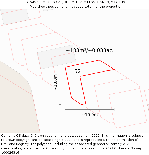 52, WINDERMERE DRIVE, BLETCHLEY, MILTON KEYNES, MK2 3NS: Plot and title map
