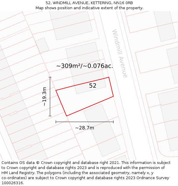 52, WINDMILL AVENUE, KETTERING, NN16 0RB: Plot and title map