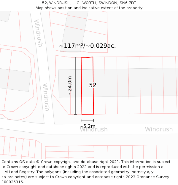52, WINDRUSH, HIGHWORTH, SWINDON, SN6 7DT: Plot and title map