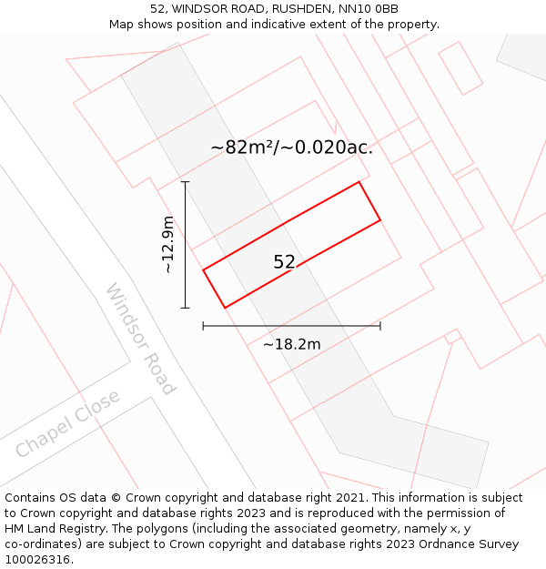 52, WINDSOR ROAD, RUSHDEN, NN10 0BB: Plot and title map