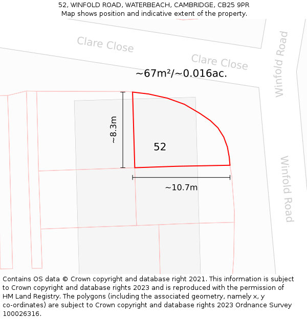 52, WINFOLD ROAD, WATERBEACH, CAMBRIDGE, CB25 9PR: Plot and title map