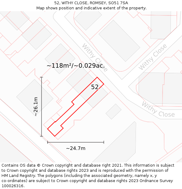 52, WITHY CLOSE, ROMSEY, SO51 7SA: Plot and title map