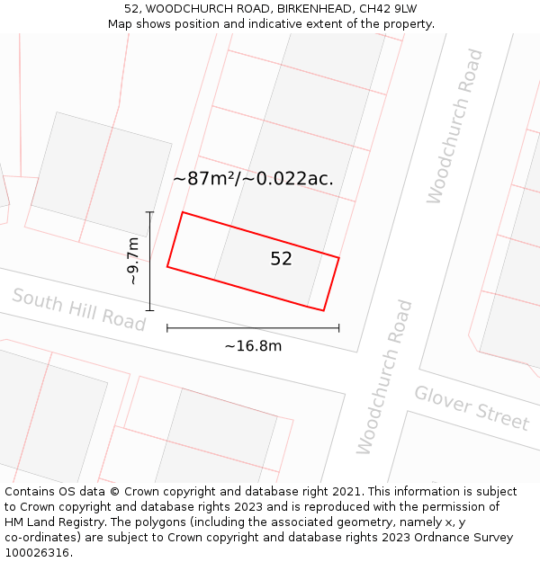 52, WOODCHURCH ROAD, BIRKENHEAD, CH42 9LW: Plot and title map