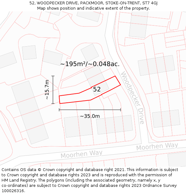 52, WOODPECKER DRIVE, PACKMOOR, STOKE-ON-TRENT, ST7 4GJ: Plot and title map