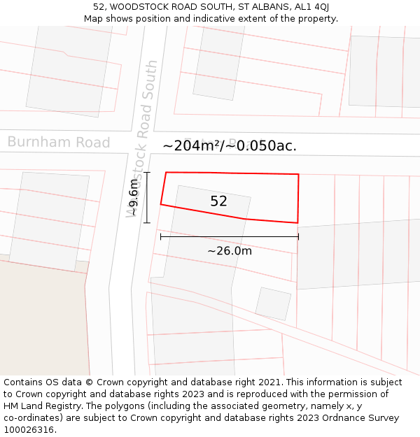 52, WOODSTOCK ROAD SOUTH, ST ALBANS, AL1 4QJ: Plot and title map