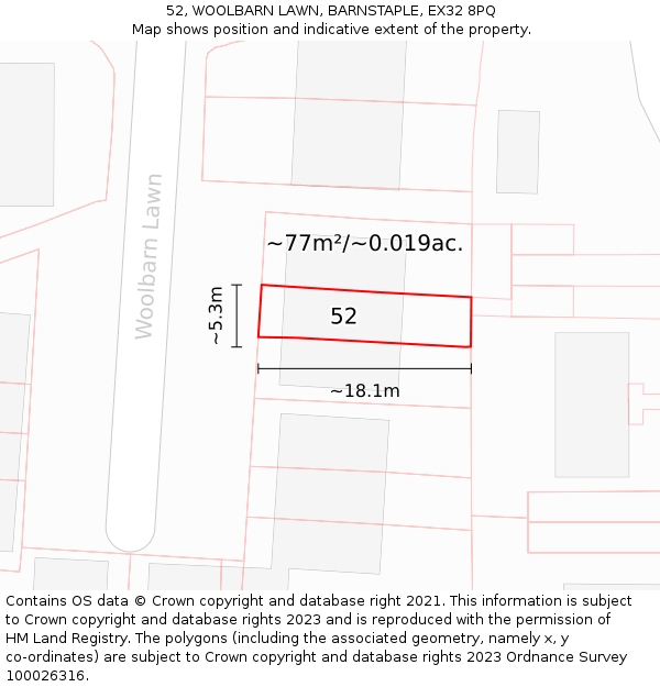 52, WOOLBARN LAWN, BARNSTAPLE, EX32 8PQ: Plot and title map