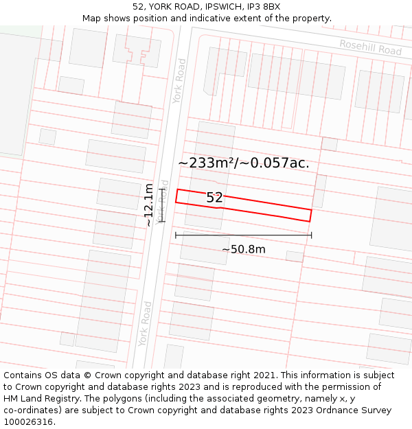 52, YORK ROAD, IPSWICH, IP3 8BX: Plot and title map