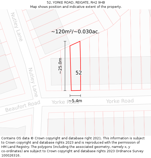 52, YORKE ROAD, REIGATE, RH2 9HB: Plot and title map