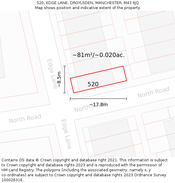 520, EDGE LANE, DROYLSDEN, MANCHESTER, M43 6JQ: Plot and title map
