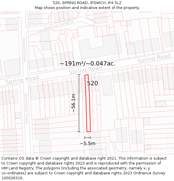 520, SPRING ROAD, IPSWICH, IP4 5LZ: Plot and title map