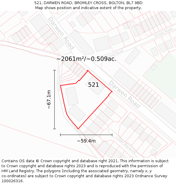 521, DARWEN ROAD, BROMLEY CROSS, BOLTON, BL7 9BD: Plot and title map