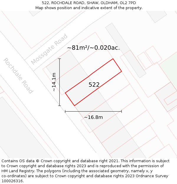 522, ROCHDALE ROAD, SHAW, OLDHAM, OL2 7PD: Plot and title map