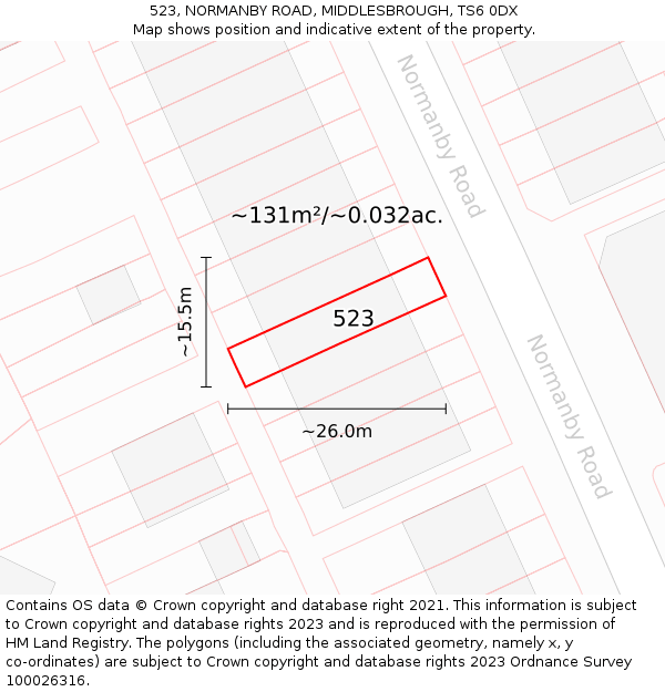 523, NORMANBY ROAD, MIDDLESBROUGH, TS6 0DX: Plot and title map