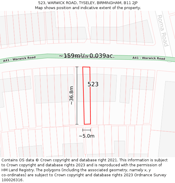 523, WARWICK ROAD, TYSELEY, BIRMINGHAM, B11 2JP: Plot and title map