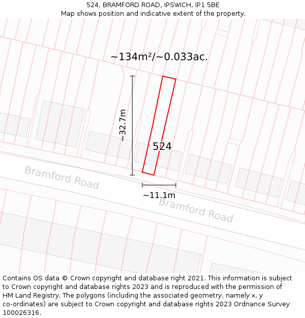 524, BRAMFORD ROAD, IPSWICH, IP1 5BE: Plot and title map