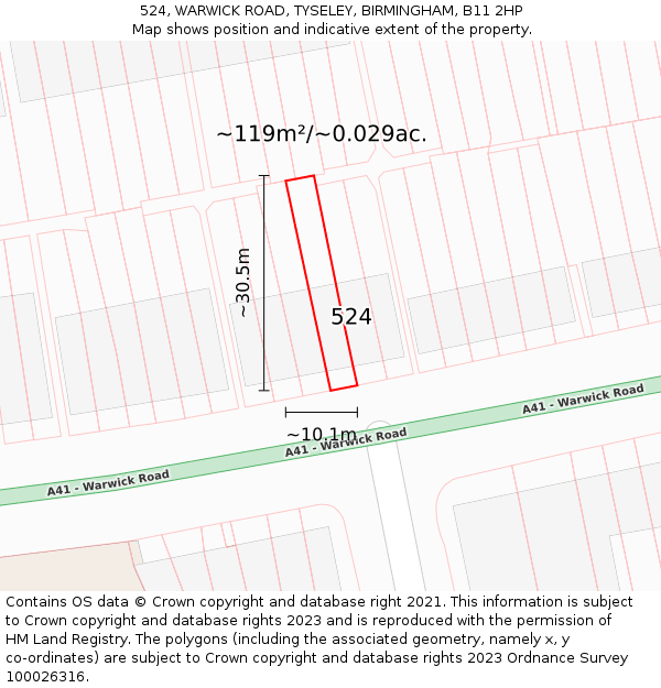 524, WARWICK ROAD, TYSELEY, BIRMINGHAM, B11 2HP: Plot and title map