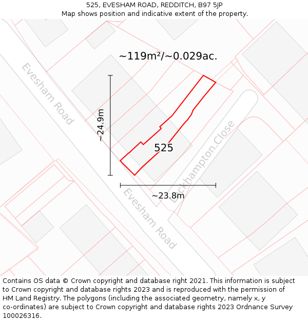 525, EVESHAM ROAD, REDDITCH, B97 5JP: Plot and title map