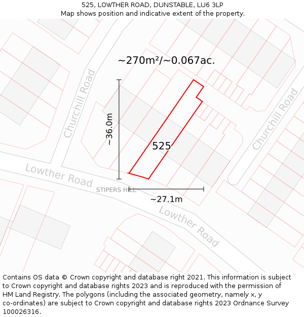 525, LOWTHER ROAD, DUNSTABLE, LU6 3LP: Plot and title map
