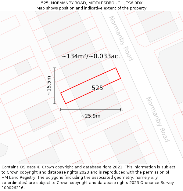 525, NORMANBY ROAD, MIDDLESBROUGH, TS6 0DX: Plot and title map