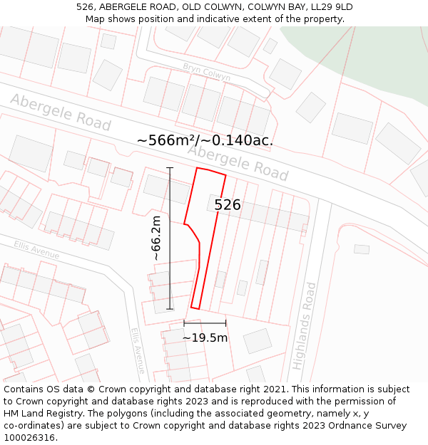526, ABERGELE ROAD, OLD COLWYN, COLWYN BAY, LL29 9LD: Plot and title map