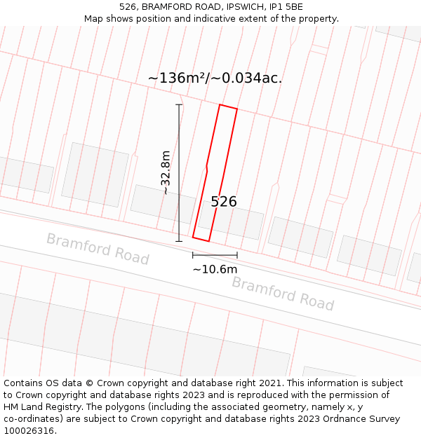 526, BRAMFORD ROAD, IPSWICH, IP1 5BE: Plot and title map