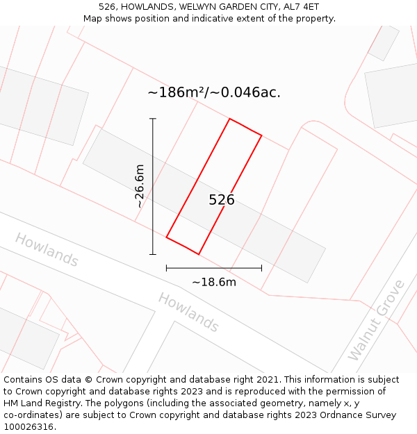 526, HOWLANDS, WELWYN GARDEN CITY, AL7 4ET: Plot and title map