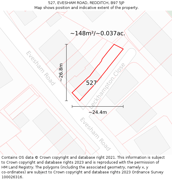 527, EVESHAM ROAD, REDDITCH, B97 5JP: Plot and title map