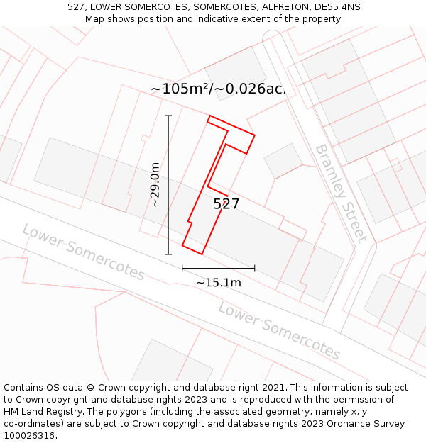 527, LOWER SOMERCOTES, SOMERCOTES, ALFRETON, DE55 4NS: Plot and title map