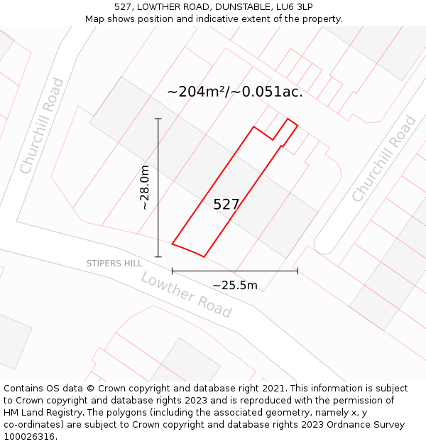 527, LOWTHER ROAD, DUNSTABLE, LU6 3LP: Plot and title map